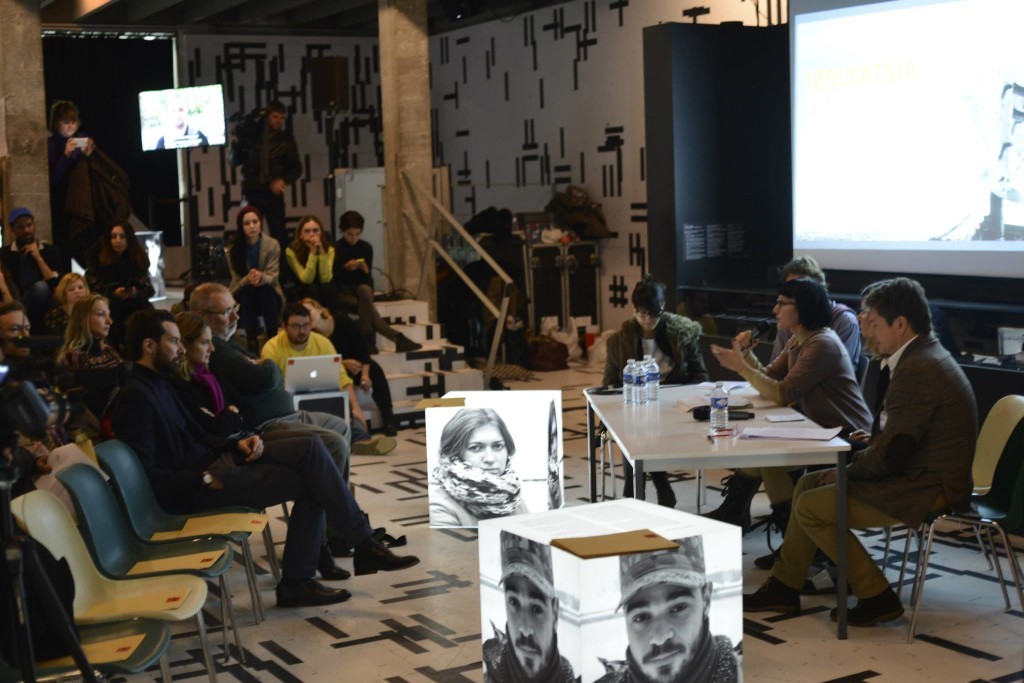 A conference at Izolyatsia's location in exile at a Kyiv shipyard for "Revision," the first installation in its new incarnation (Izolyatsia.)