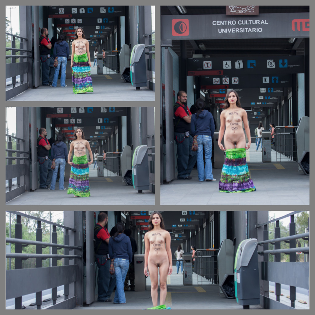 Juárez, placing herself as a human billboard at a metro entrance in Meixco City, displays the phrase "I am tired," which has become the cry of Mexicans who are standing against government corruption, and the death surrounding it (Tumblr.)