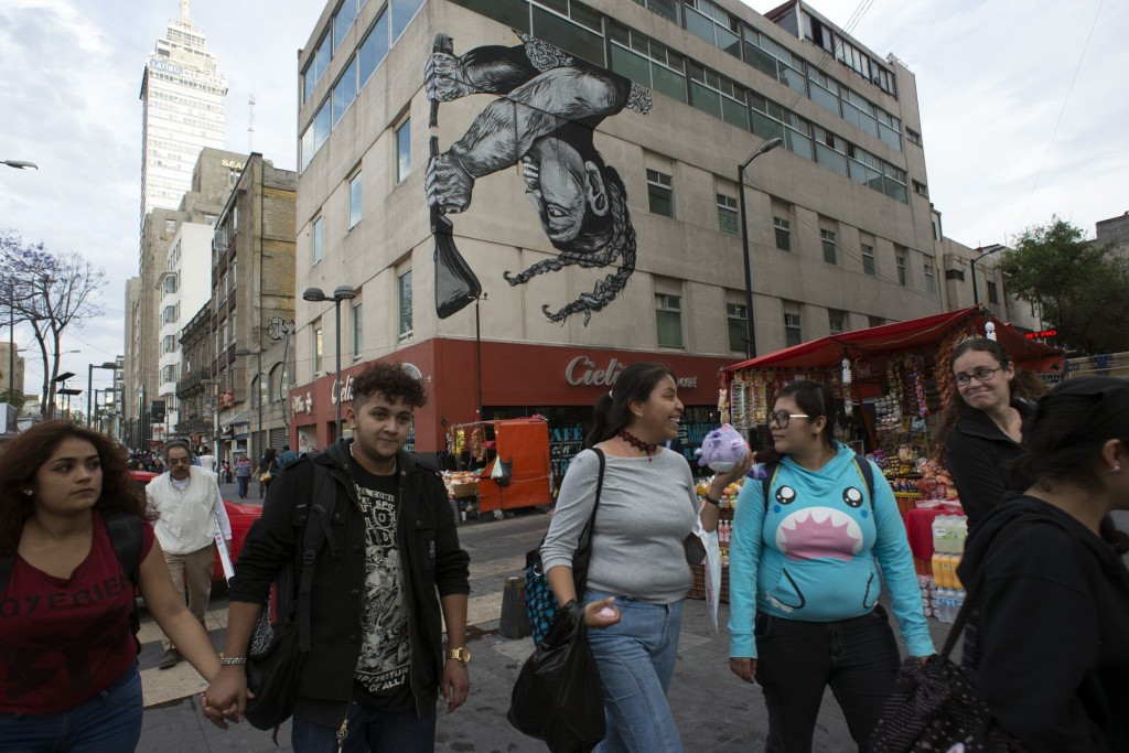 This child breaking a gun was painted by Bastardilla, a prolific Colombian street artist whose work can be found in Boston, Madrid, and Guatemala, as well as her native Colombia and the new addition of Mexico City.