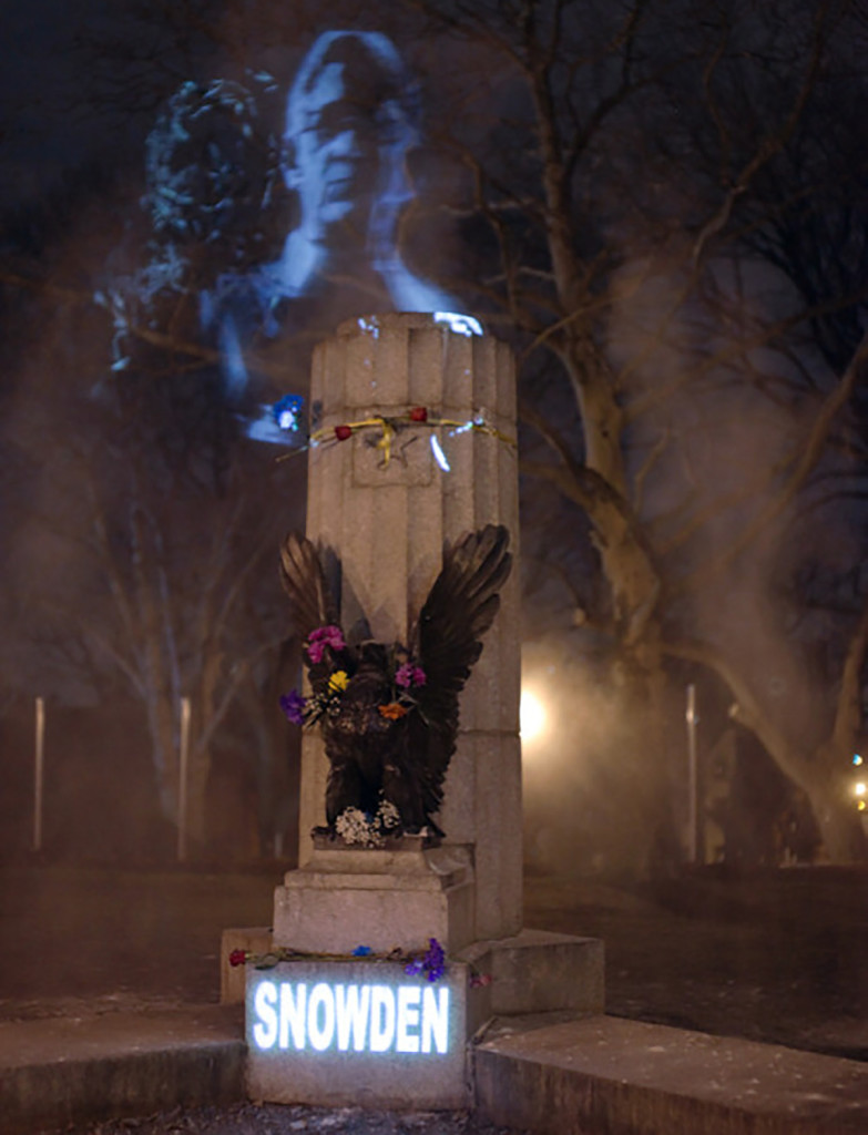 A projection of Edward Snowden graced the space which hosted a bust of the activist earlier on April 6 (The Illuminator.)